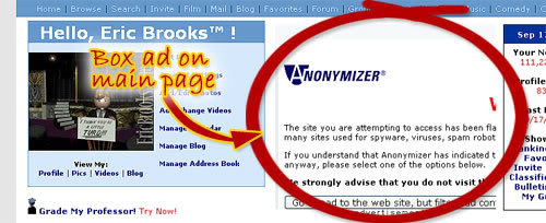 A box ad blocked by Anonymizer